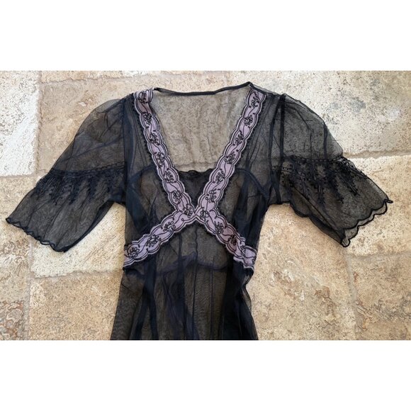 Vintage Y2K Black Chiffon Lingerie Slip Gown With Pink Floral Embroidery & Sheer - Picture 4 of 8